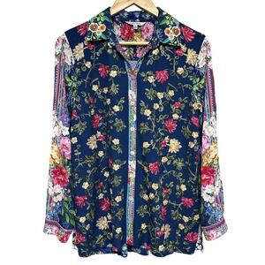 JOHN MARK Floral Embroidered Button Front Tunic Blouse Womens S Boho Artsy